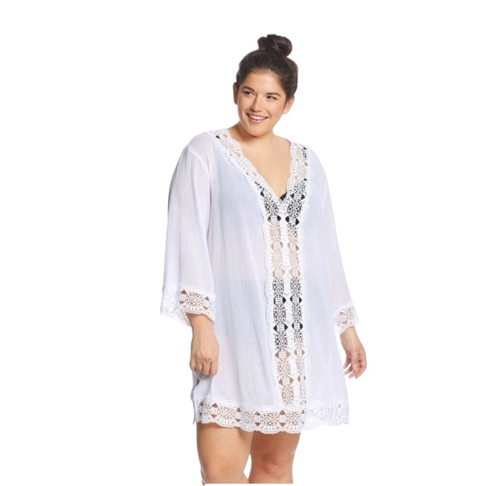 LA BLANCA Crochet Lace Trim V-Neck Tunic Cover White Up Women’s Sz XL